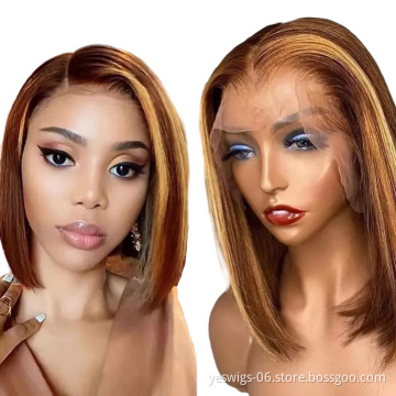 Highlight Short Bob Wigs 4/27 Color Human Hair Lace Front Wigs Brown Ombre Remy Hair Pre Plucked Swiss Lace Wigs For Black Women